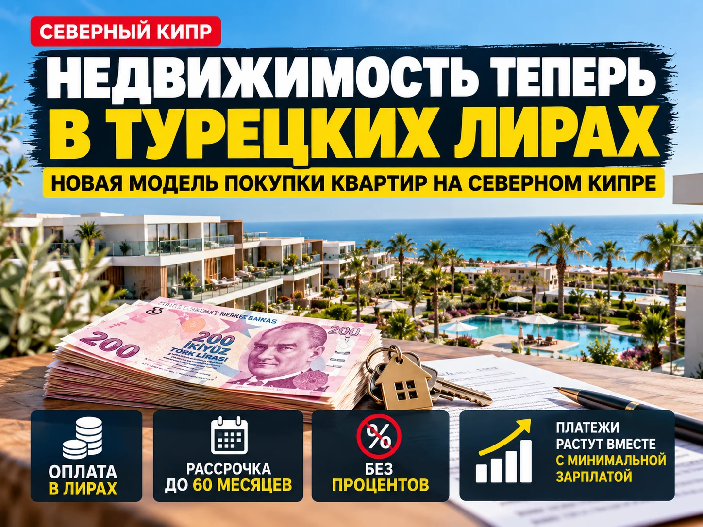 Квартиры на Северном Кипре предлагают покупать в турецких лирах: рассрочка до 5 лет с привязкой к минимальной зарплате
